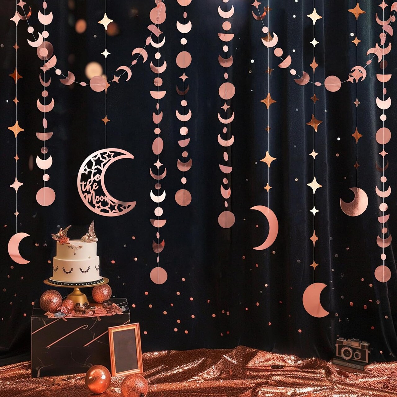Star and Moon Garland Party Decorations in Rose Gold, Boho Celestial Moroccan Theme Hanging Streamers with Crescent Stars, Ideal for New Year’s Eve, Birthdays, Ramadan, and Eid Celebrations